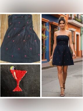 Lilly Pond Strapless Navy Martini Glass Embroidered Fit & Flare Dress